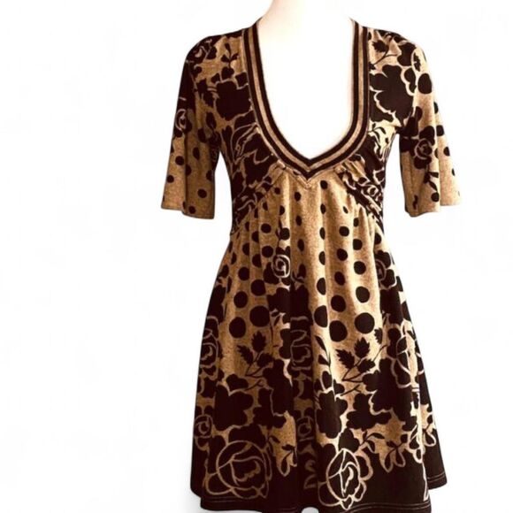 Vintage Forever 21 Y2K Neutral Tan & Black Mixed Media Knit Babydoll Mini Dress - Picture 4 of 9